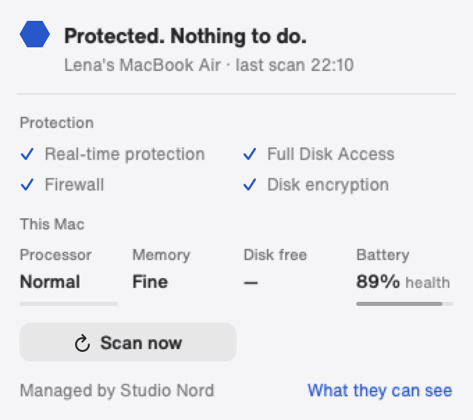 Cybee menu bar card: Protected. Nothing to do. Four protections on.