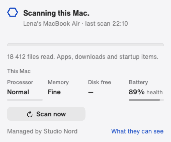 Cybee menu bar card: Scanning this Mac. A bar shows the scan in progress.